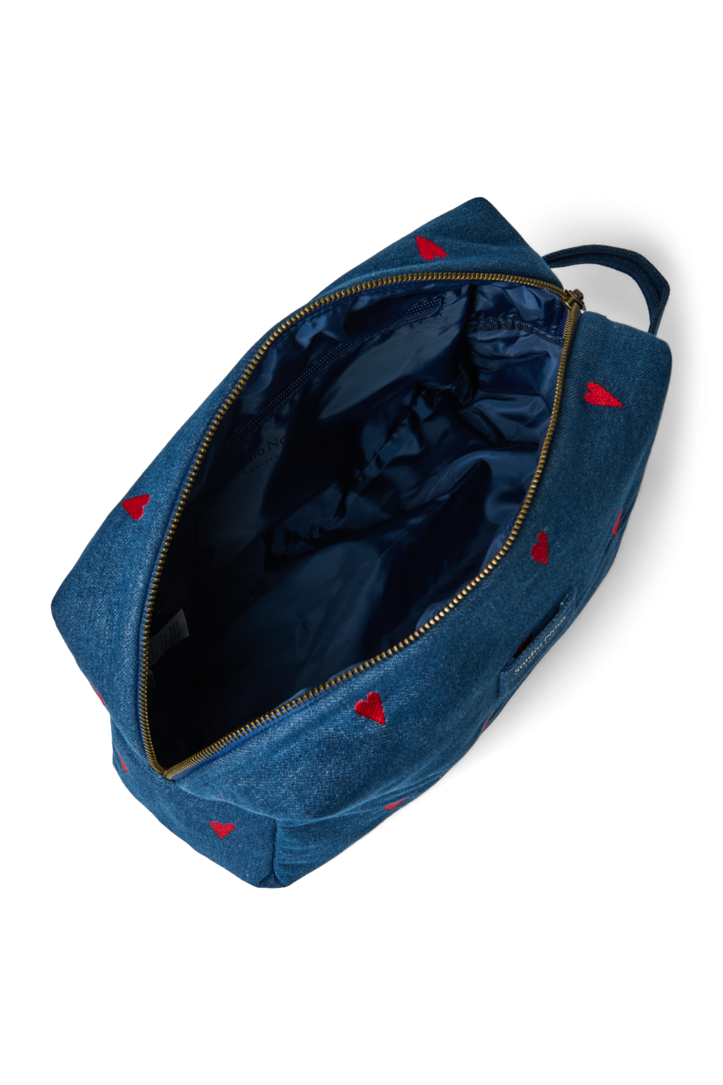 Kulturtasche aus Denim | Dunkelblau Rote Herzen