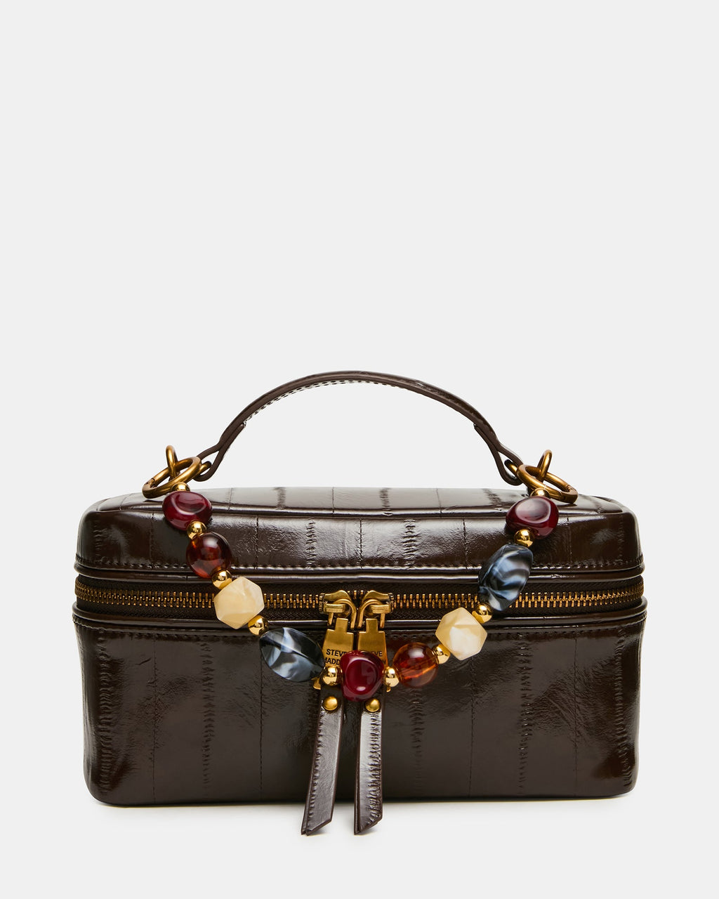 HERRA Brown Eel Beaded Top Handle Vanity Case Crossbody Handbag | Steve Madden