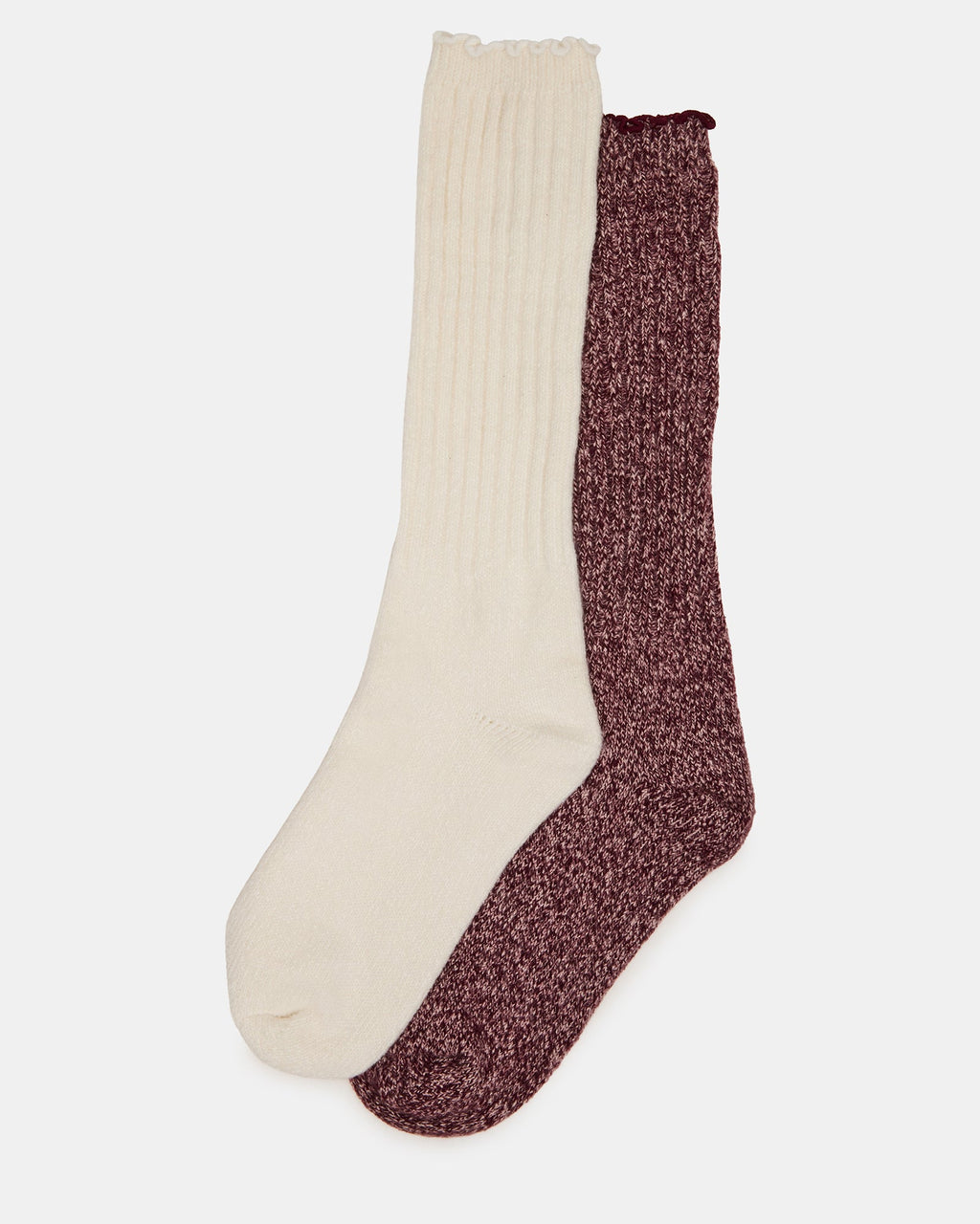2 PACK Ivory/Burgundy Super Soft Lettuce Edge Slouchy Women's Socks | Steve Madden