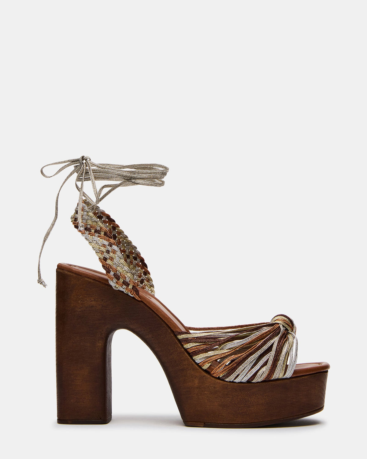 LULU Gold Multi Strappy Wood Bottom Leg-Ties Women's Sandal | Steve Madden
