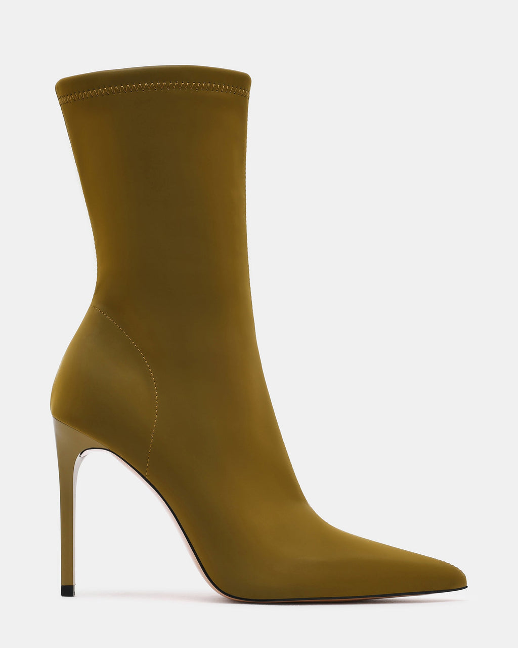 MACKENA Olive Techno Satin Pointed-Toe Stiletto Women's Ankle Boot | Steve Madden
