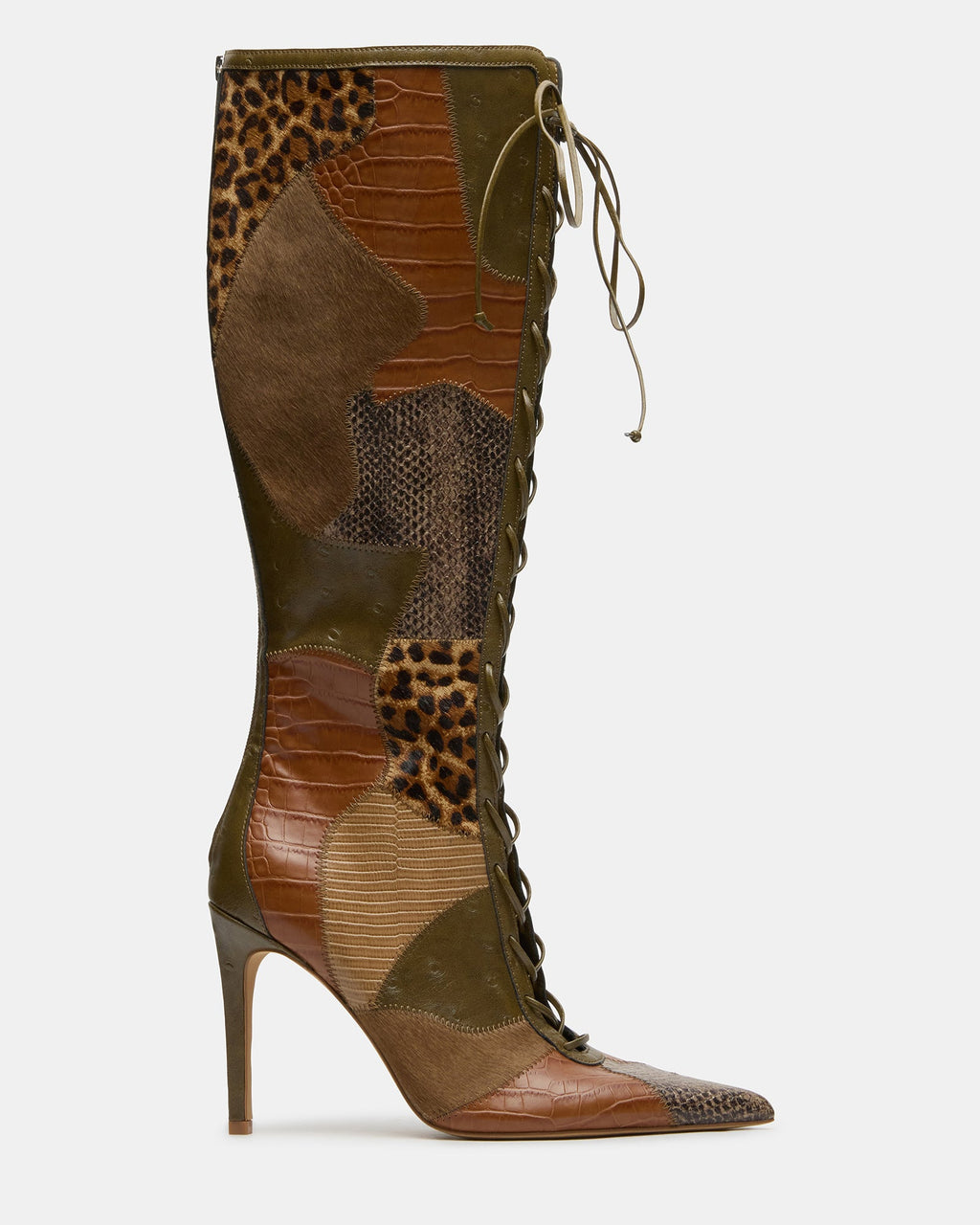 MARELYN Olive Multi Wide Calf Pointed-Toe Lace-Up Knee-High Women's Boot | Steve Madden
