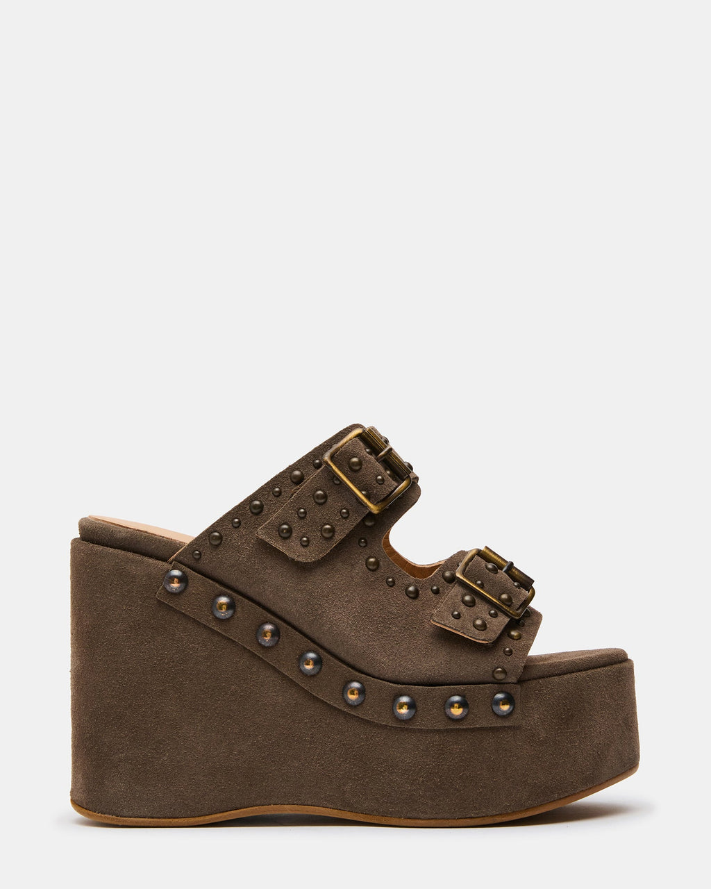 PARMA Taupe Suede Platform Mule Wedge Studded Women's Sandal | Steve Madden