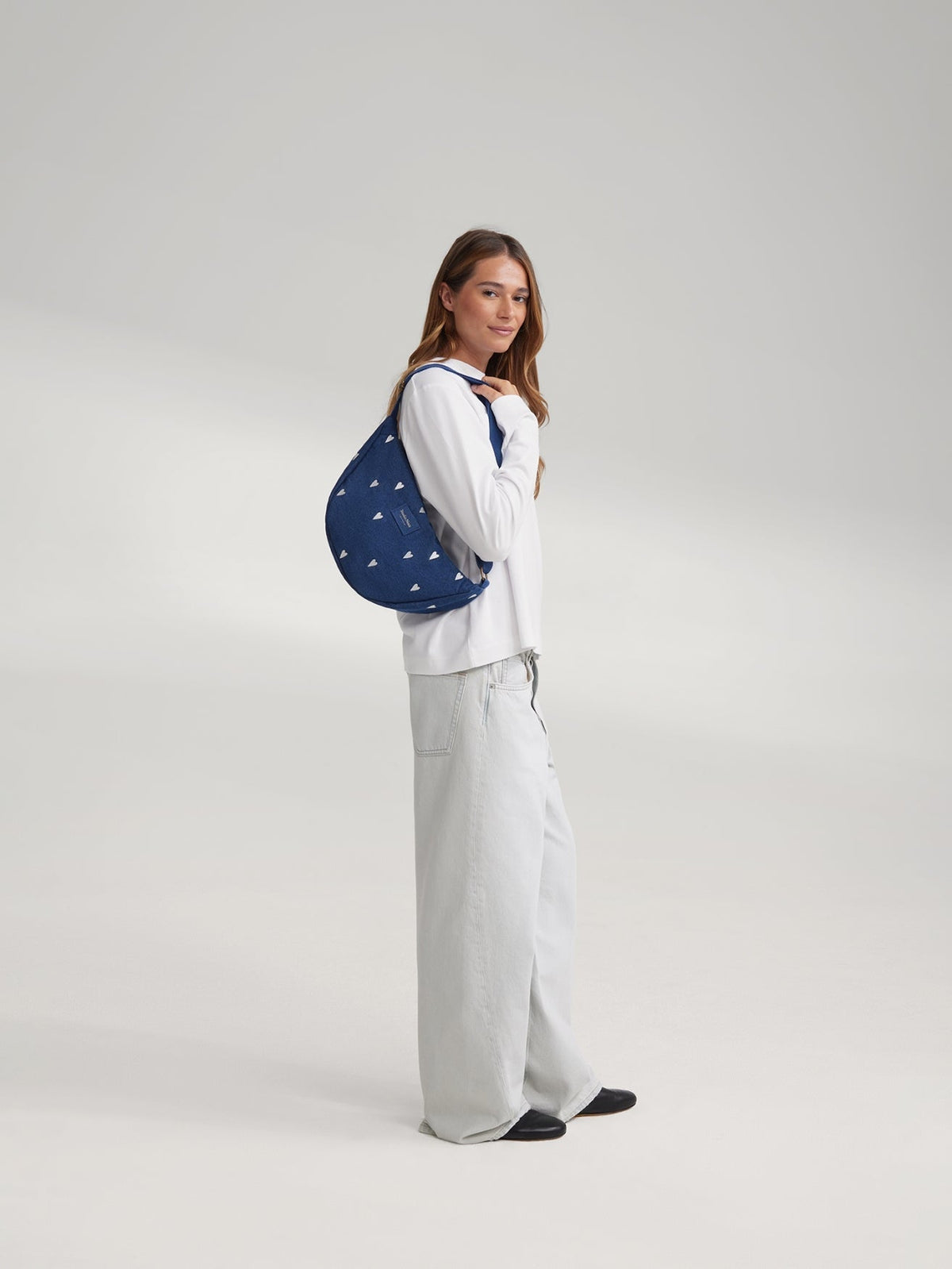 Denim Adult Fanny Pack | Dark Blue White Hearts