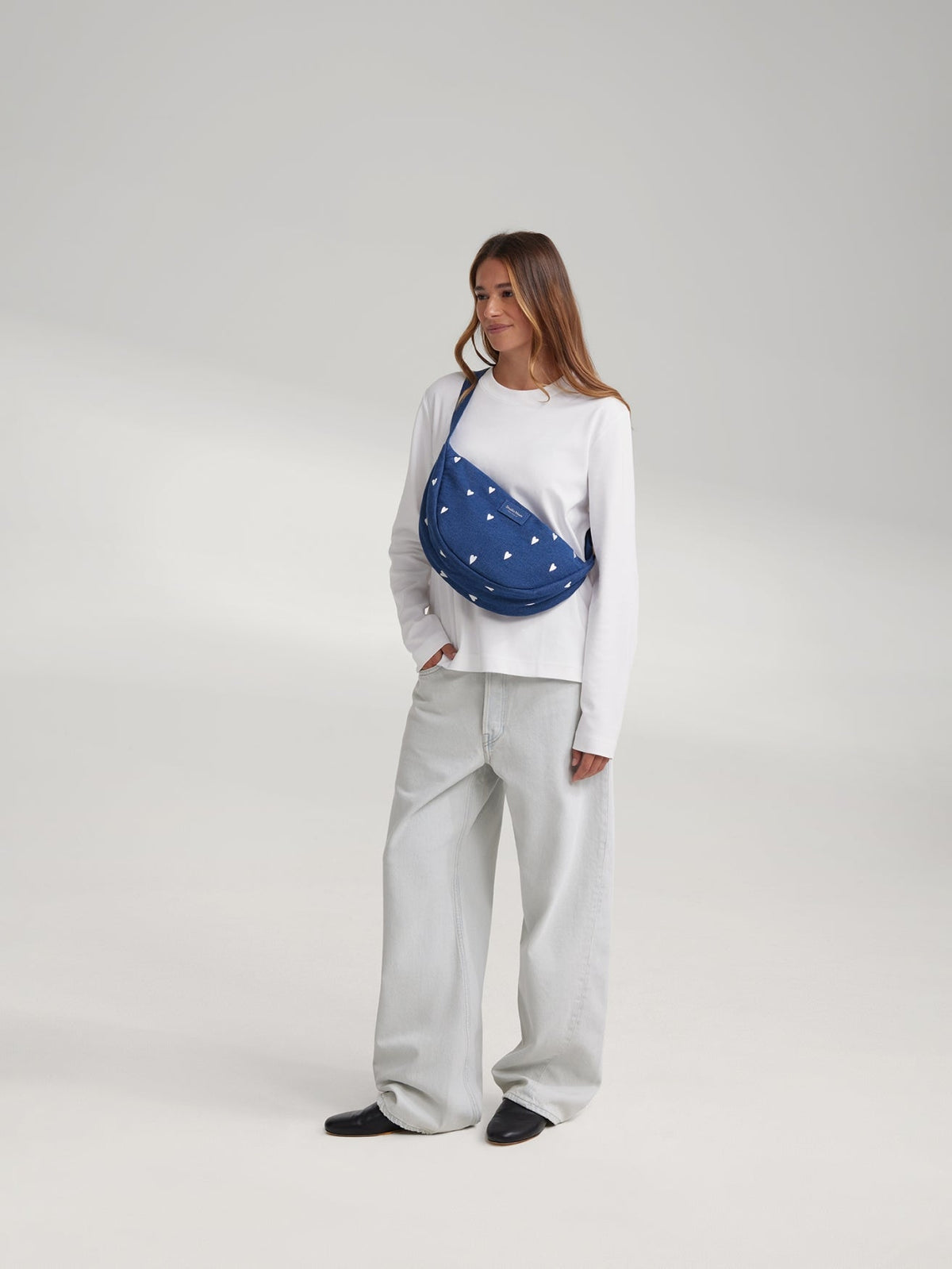 Denim Adult Fanny Pack | Dark Blue White Hearts