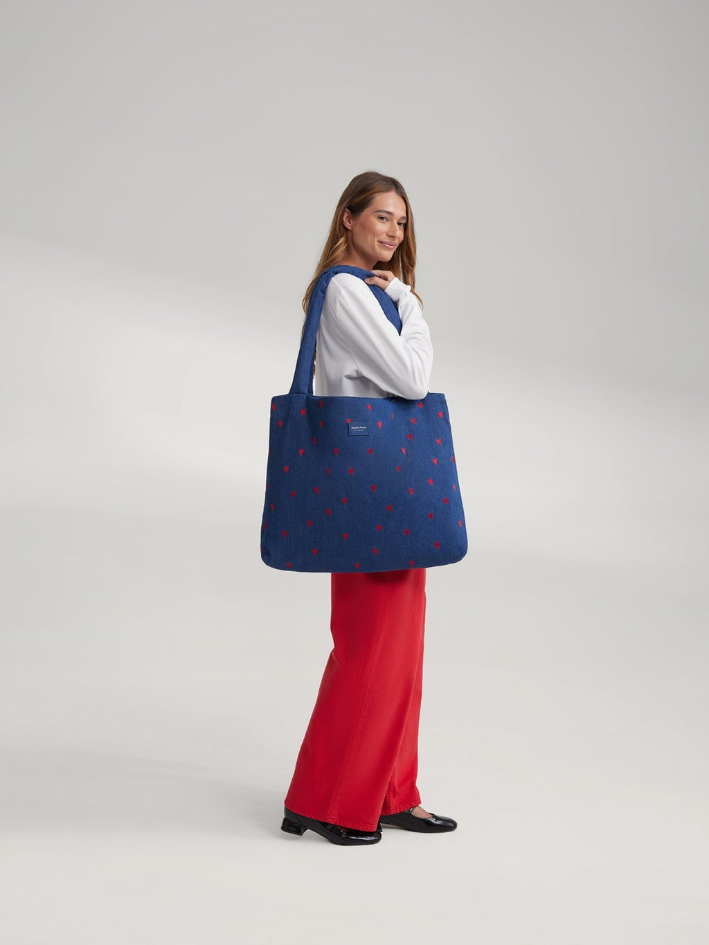 Denim Mom Bag | Donkerblauwe Rode Hartjes