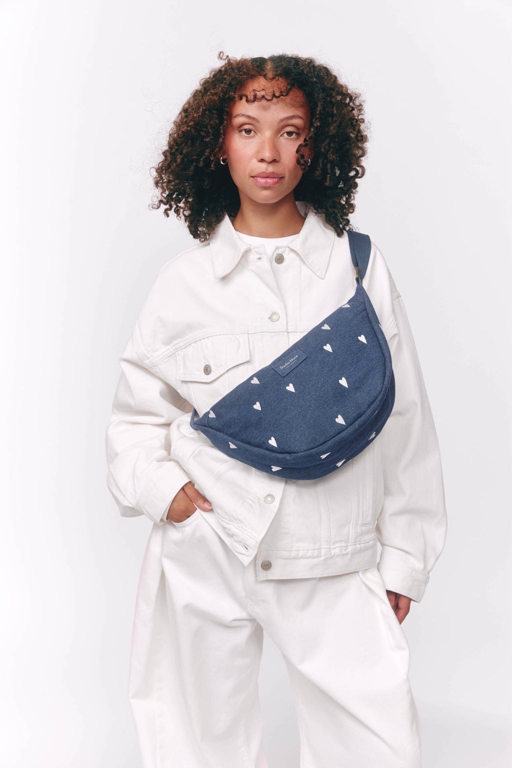 Denim heuptas voor volwassenen | Donkerblauw met witte hartjes