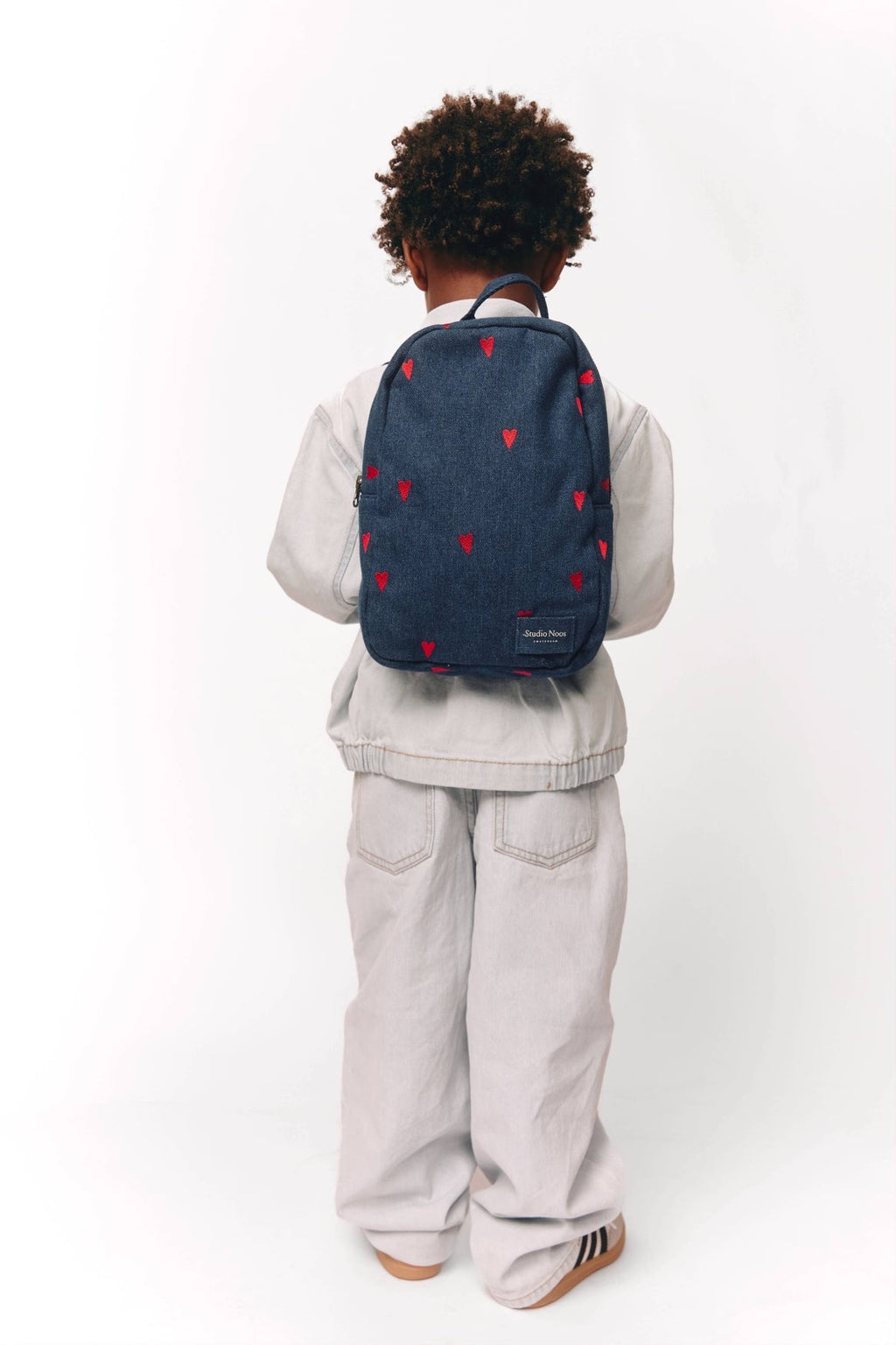 Denim Mini-rugzak | Donkerblauw met rode hartjes