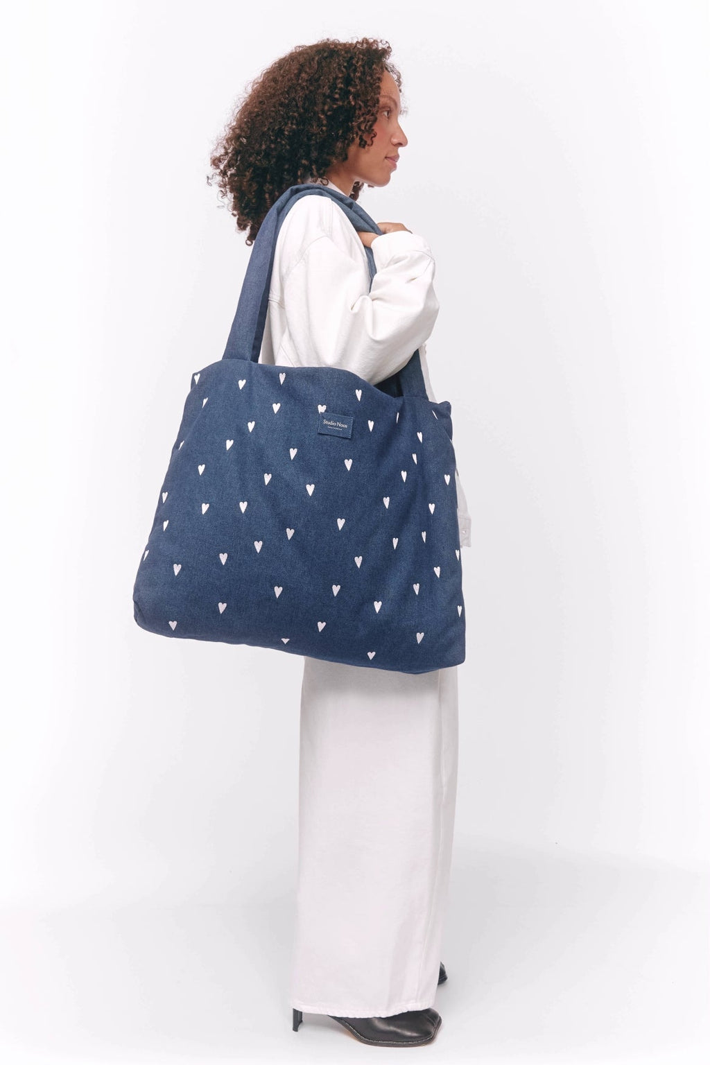 Denim Mom Bag | Donkerblauw Witte Hartjes