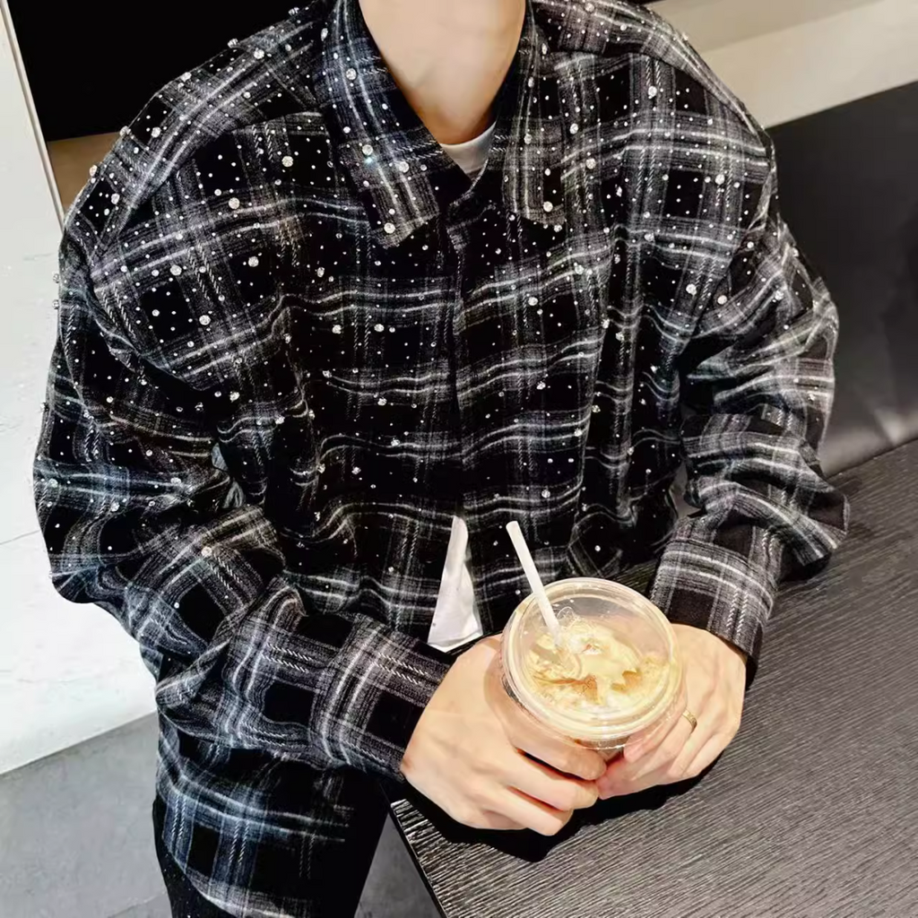 VYBES Rhinestone Plaid Long Sleeve Shirt Jacket