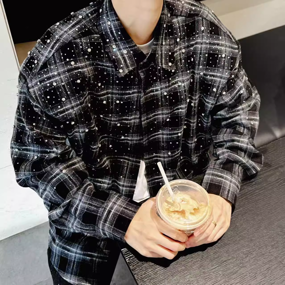VYBES Rhinestone Plaid Long Sleeve Shirt Jacket