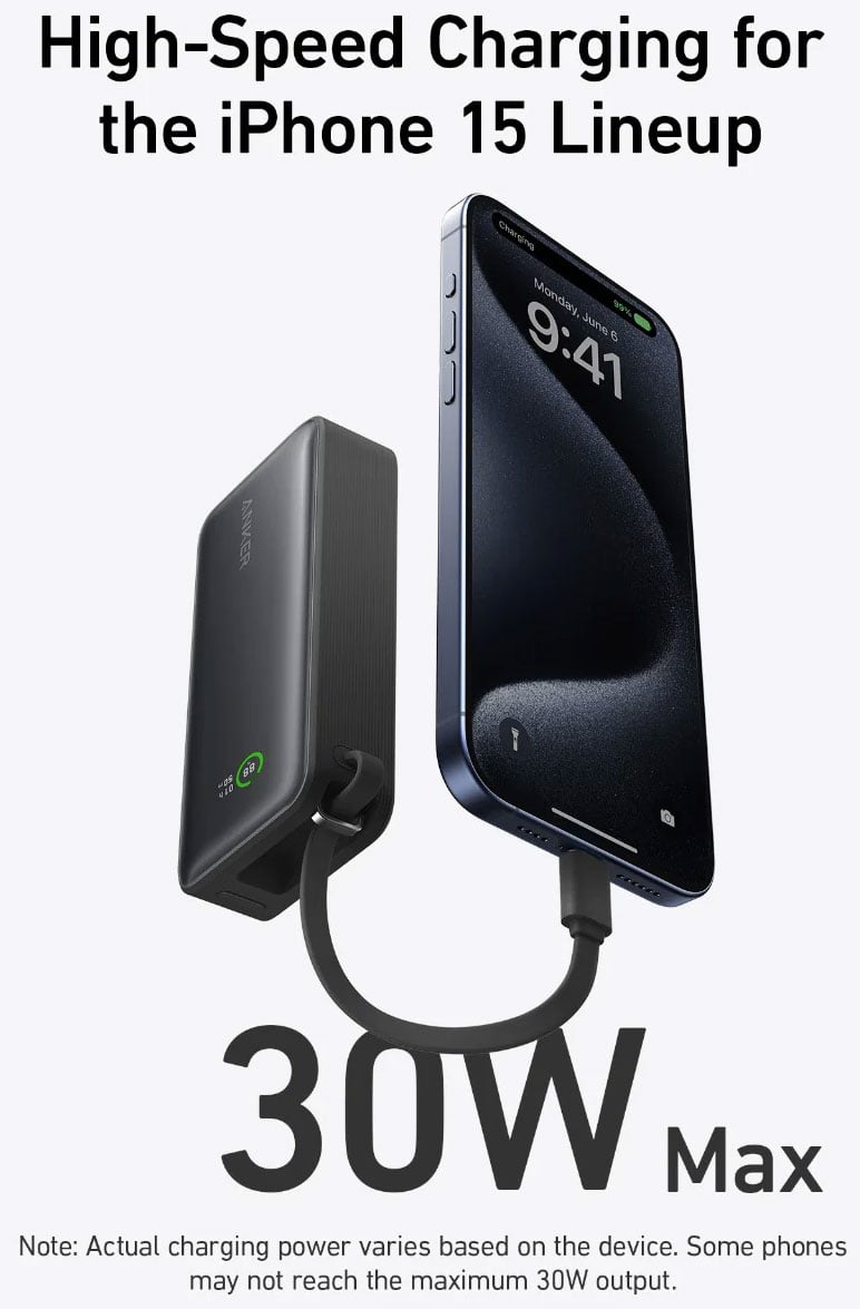 Anker Nano Power Bank 30W with Built-In USB-C Cable in Black Stone - A1259H11-1 & 15044120 - image 2