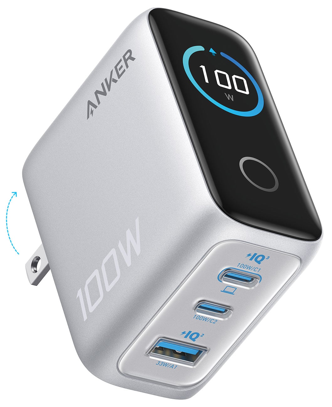 Anker Charger (100W, 3 Ports, Smart Display) in Silver - B121BJ41 - image 2