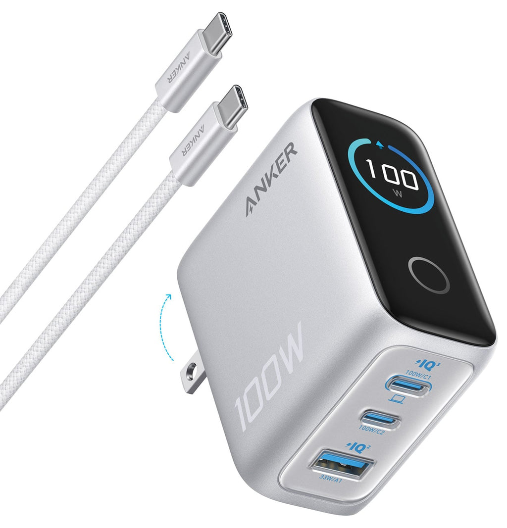 Anker Charger (100W, 3 Ports, Smart Display) in Silver - B121BJ41 - image 1