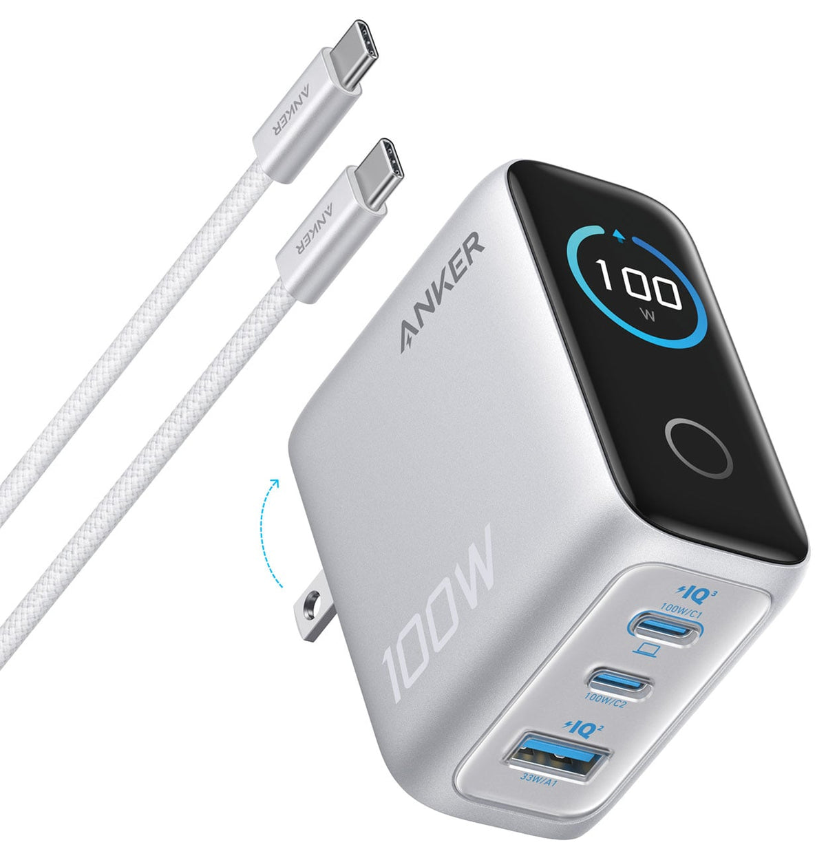 Anker Charger (100W, 3 Ports, Smart Display) in Silver - B121BJ41 - image 1