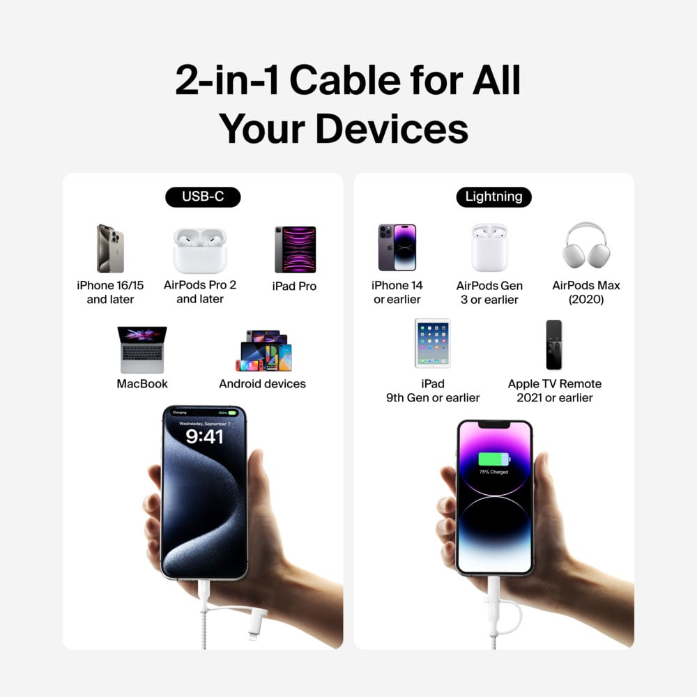 Belkin BOOST CHARGE Pro 2-in-1 Cable with USB-C and Lightning Connector in White - CAC003FQ15MWH - image 6