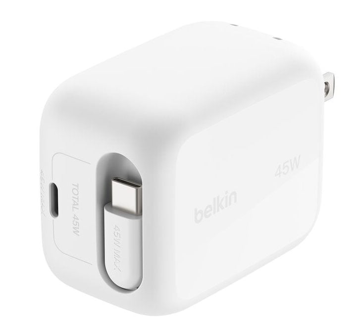 Belkin Retractable GaN Wall Charger 45W with USB-C Cable in White - WCH023DQWH - image 1