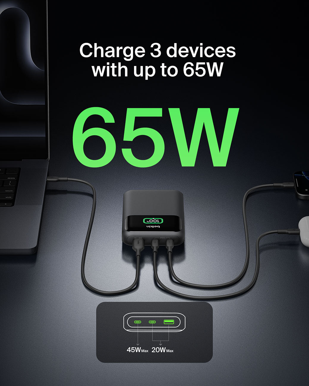 Belkin BoostCharge Pro 3-Port Laptop Power Bank 65W 20KmAh in Black - BPB020TTBK - image 7