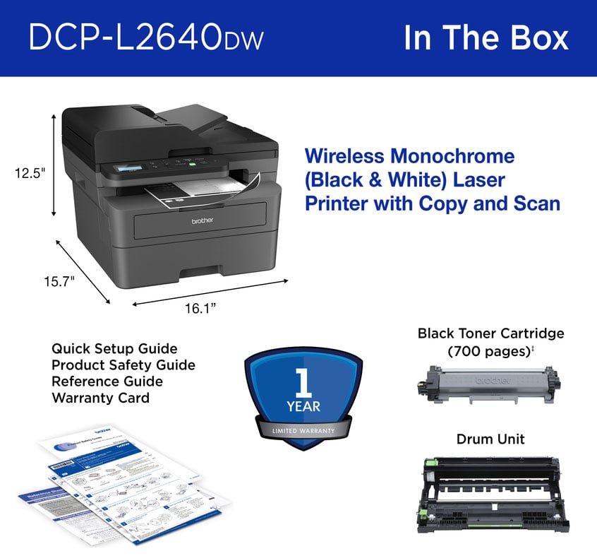 Brother Laser Printer All-in-One Monochrome Wireless Compact in Black - DCPL2640DW - image 6