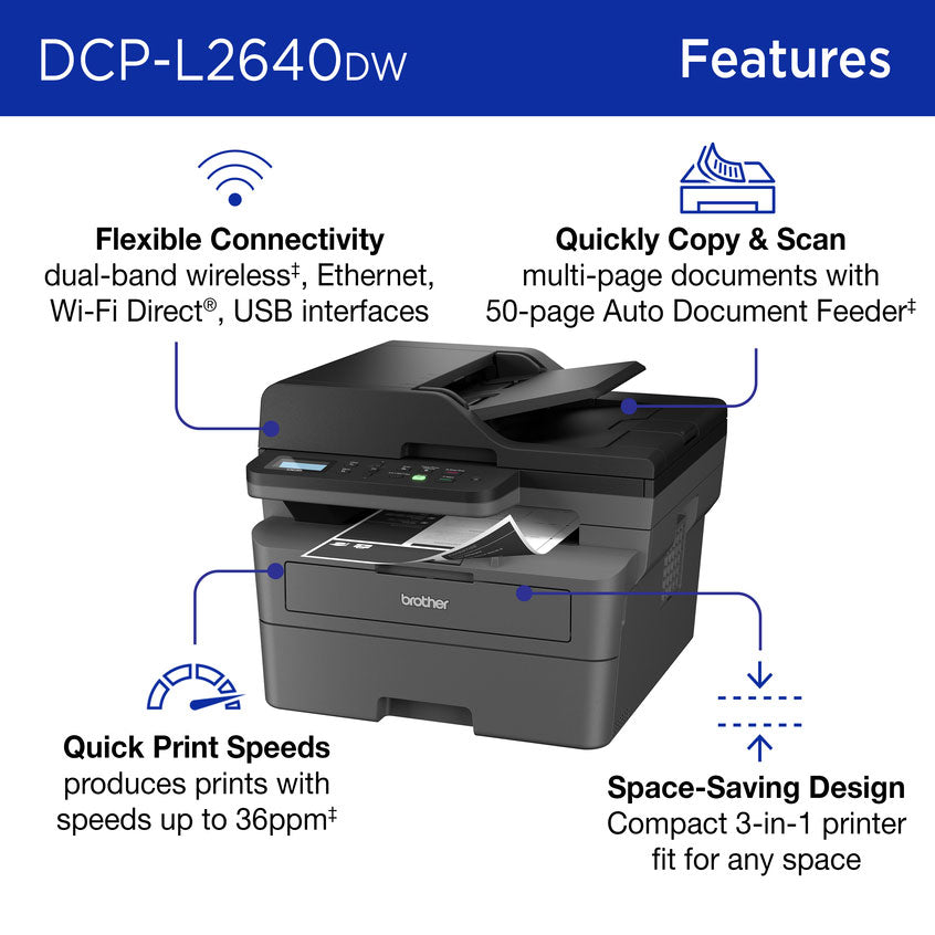 Brother Laser Printer All-in-One Monochrome Wireless Compact in Black - DCPL2640DW - image 3