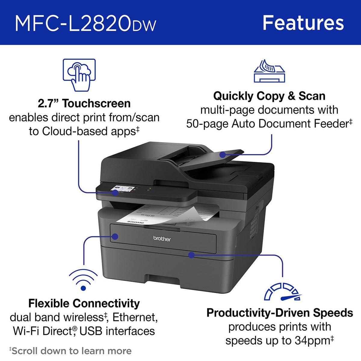 Brother Printer Wireless Compact All-in-One Laser Monochrome - MFC-L2820DW - image 2