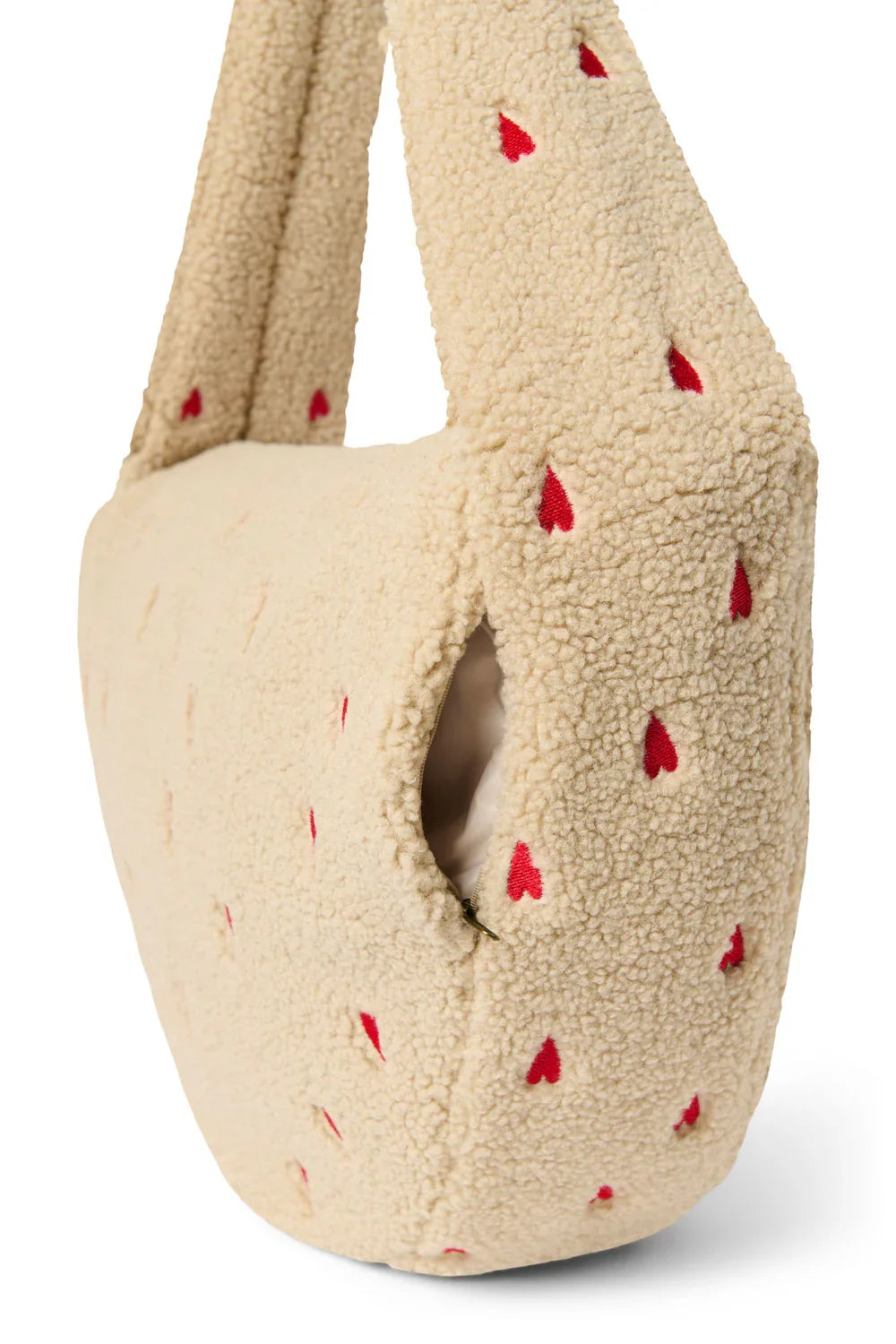 Ecrufarbene Teddy-Umhängetasche mit Herzchen