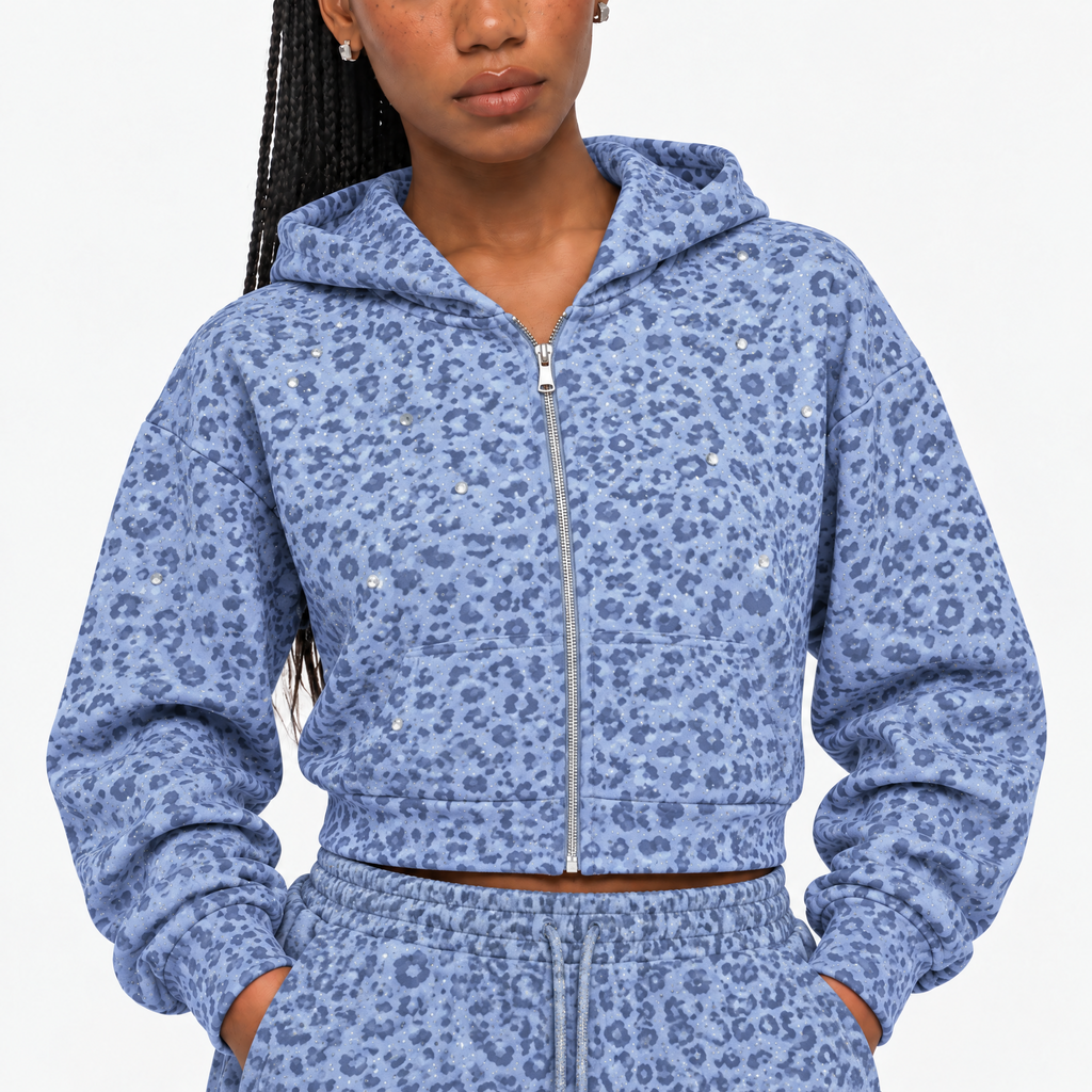 VYBES Women's Blue Leopard Cropped Zip-up