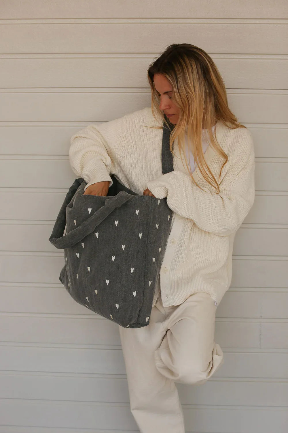 Grijze Harten Denim Mom Bag
