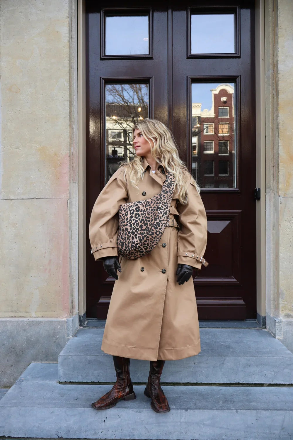 Bruine crossbodytas van katoen met luipaardprint