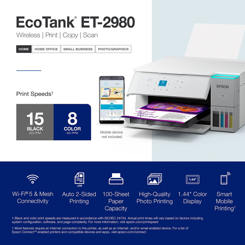 Epson EcoTank ET-2980 Wireless All-in -One Color Supertank Printer in White - C11CL41202 - image 2
