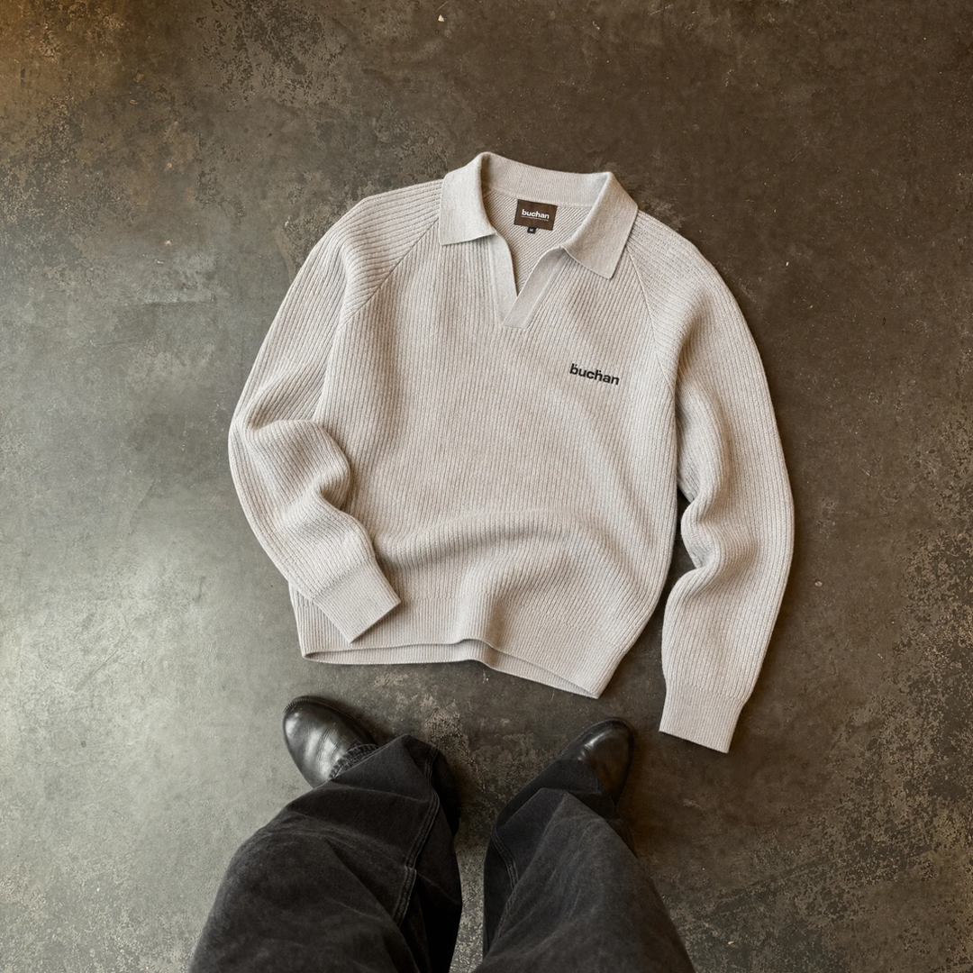 Knit Polo Sweater - Light Grey