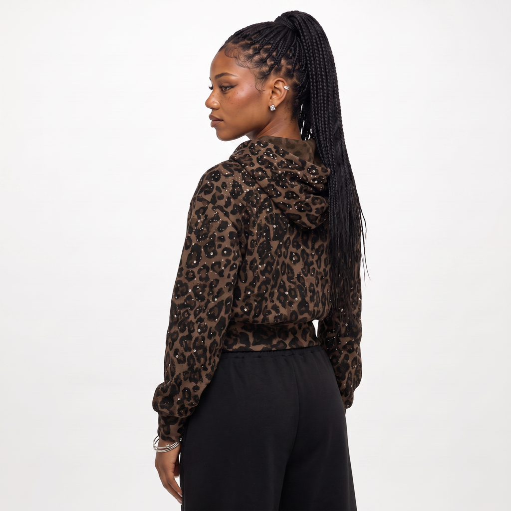 VYBES Women's Brown Leopard Cropped Zip-up